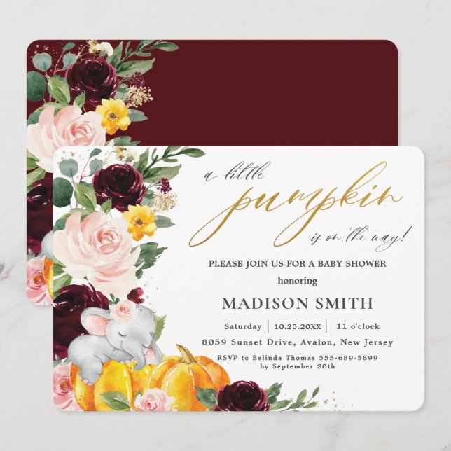 Burgundy Blommigt Pumpkin Elephant Baby Shower    Inbjudningar (Fram/baksida)
