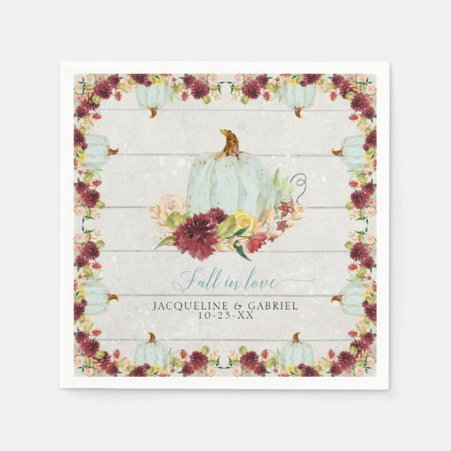 Burgundy Blommigt Pumpkin Rustic Wood Fall i Kärle Pappersservett (Framsidan)