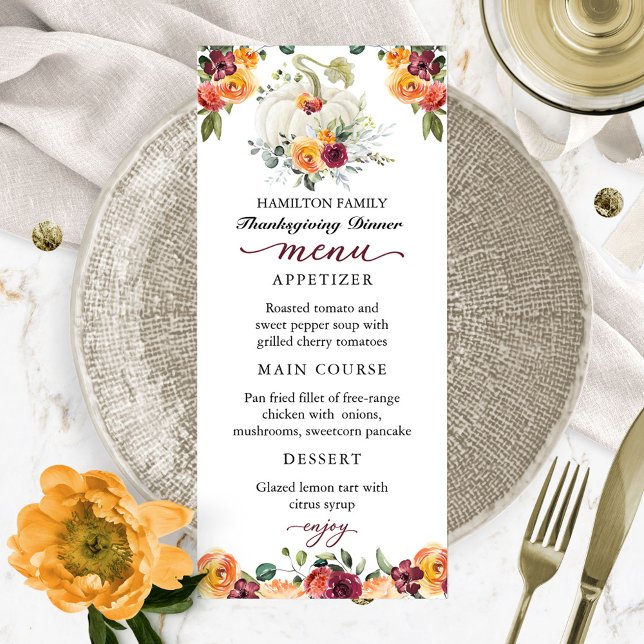 Burgundy Blommigt Pumpkin Thanksgiving Dinner Menu Meny (Skapare uppladdad)