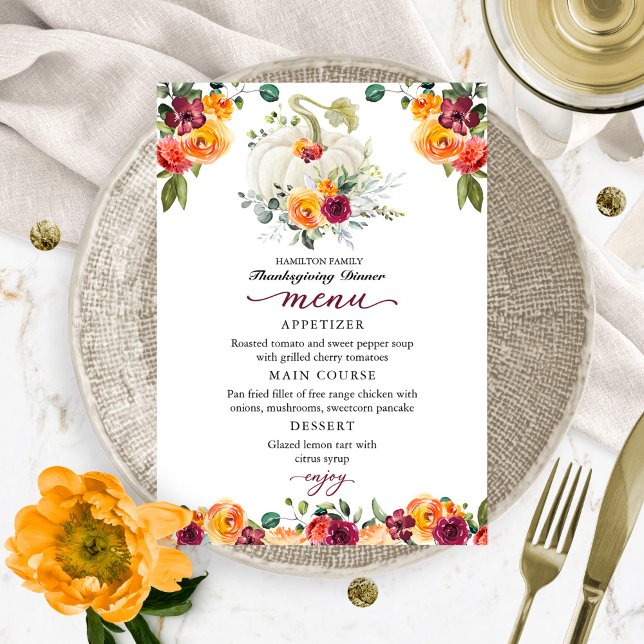 Burgundy Blommigt Pumpkin Thanksgiving Dinner Menu Tack Kort (Skapare uppladdad)