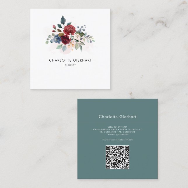 Burgundy Blommigt QR Code Greenery Florist Fyrkantigt Visitkort (Fram/baksida)
