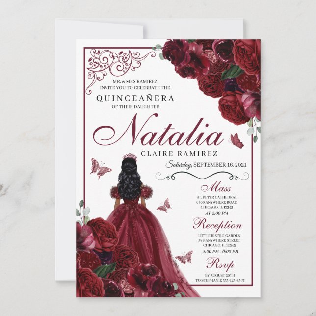 Burgundy Blommigt Quinceanera Birthday-inbjudan Inbjudningar (Framsida)
