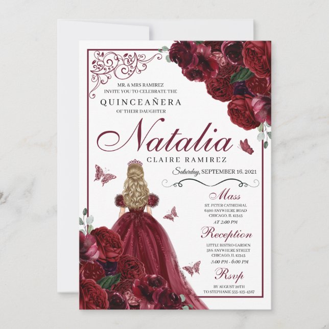Burgundy Blommigt Quinceanera Birthday-inbjudan Inbjudningar (Framsida)