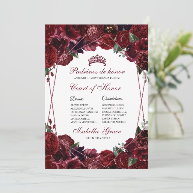 Burgundy Blommigt Quinceanera Court of Honor Inbjudningar (Stående Fram)