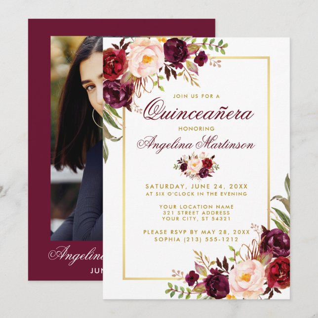Burgundy Blommigt Quinceanera Guld Photo Back Inbjudningar (Fram/baksida)