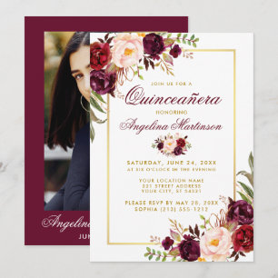 Burgundy Blommigt Quinceanera Guld Photo Back Inbjudningar