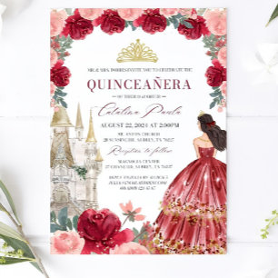 Burgundy Blommigt Quinceanera-inbjudan Red Inbjudningar