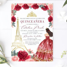 Burgundy Blommigt Quinceanera-inbjudan, röd