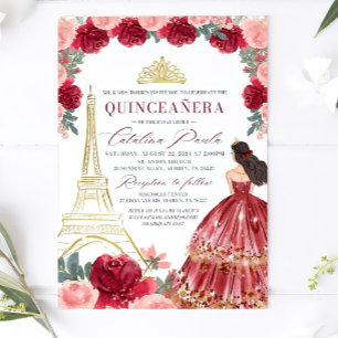 Burgundy Blommigt Quinceanera-inbjudan, röd Inbjudningar