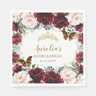 Burgundy Blommigt Quinceañera Krona Butterfly Pappersservett