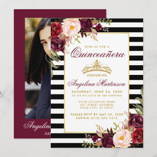 Burgundy Blommigt Quinceanera Krona Rand Photo Inbjudningar