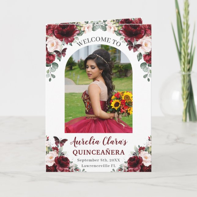 Burgundy  Blommigt Quinceañera-order om händelser Program (Framsida)