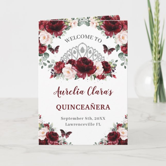 Burgundy  Blommigt Quinceañera-order om händelser Program (Framsida)