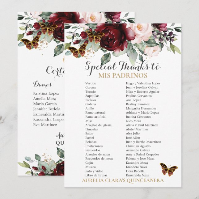 Burgundy  Blommigt QUINCEAÑERA Padrinos Card (Fram/baksida)