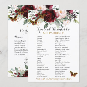 Burgundy Blommigt QUINCEAÑERA Padrinos Card