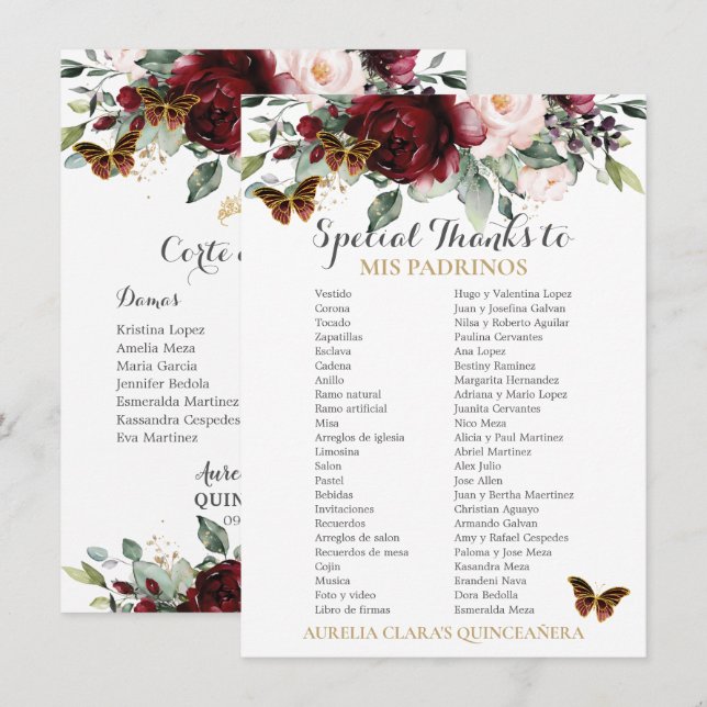 Burgundy  Blommigt QUINCEAÑERA Padrinos Card Inbjudningar (Fram/baksida)