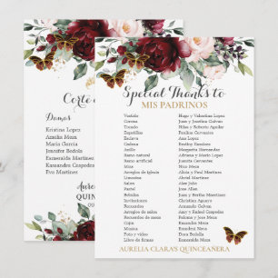 Burgundy Blommigt QUINCEAÑERA Padrinos Card Inbjudningar