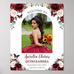 Burgundy  Blommigt Quinceañera Photo Welcome Poster