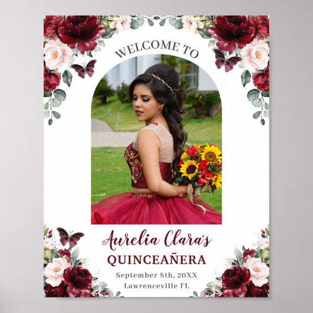 Burgundy  Blommigt Quinceañera Photo Welcome Poster (Framsidan)