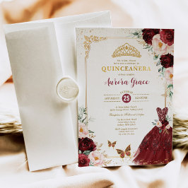Burgundy Blommigt Quinceañera Princess Mis Quince Inbjudningar
