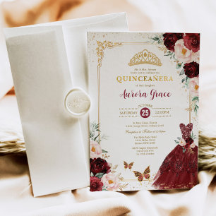 Burgundy Blommigt Quinceañera Princess Mis Quince Inbjudningar