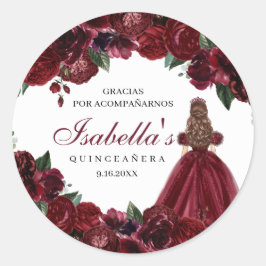 Burgundy Blommigt Quinceanera Round Stickers Runt Klistermärke