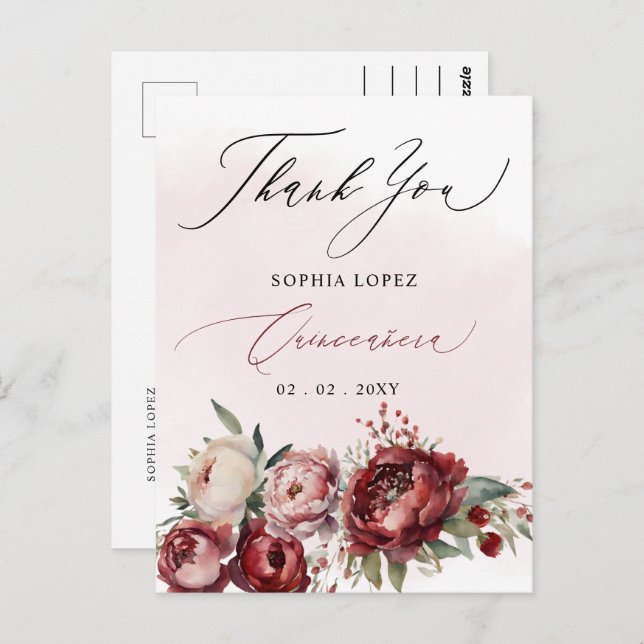 Burgundy  Blommigt Quinceañera Tack Vykort (Fram/baksida)