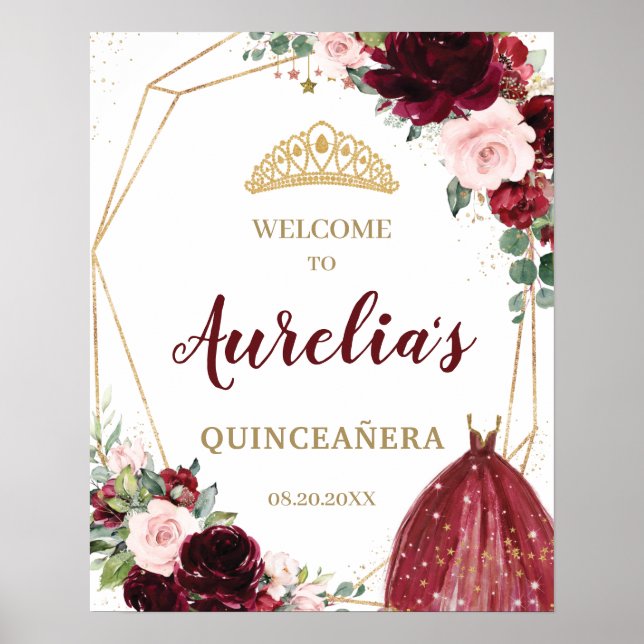 Burgundy  Blommigt Quinceañera Tiara Välkommen Poster (Framsidan)