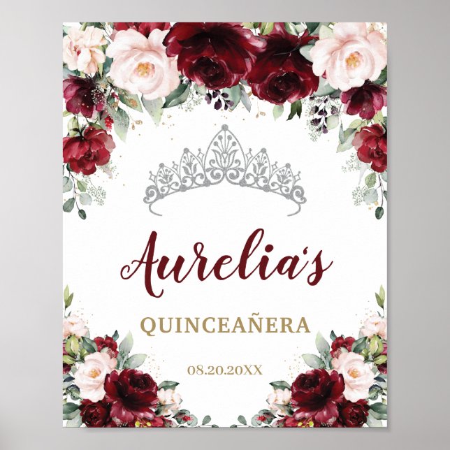 Burgundy  Blommigt Quinceañera Tiara Välkommen Poster (Framsidan)