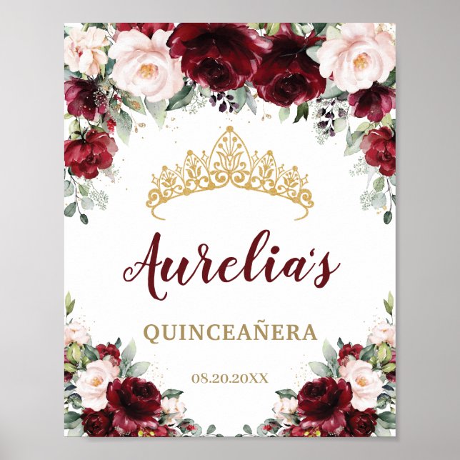 Burgundy  Blommigt Quinceañera Tiara Välkommen Poster (Framsidan)