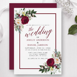 Burgundy Blommigt Ram Greenery Calligraphy Bröllop Inbjudningar