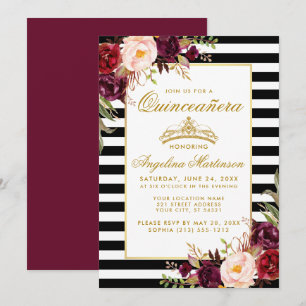 Burgundy Blommigt Rand Quinceanera Guld Krona Inbjudningar
