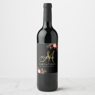 Burgundy Blommigt Ro Black Guld Monogram Bröllop Vinflaska Etikett
