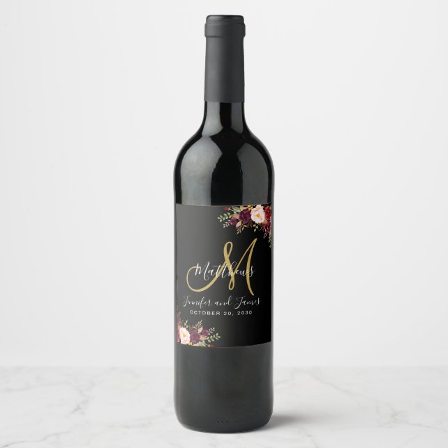 Burgundy Blommigt Ro Black Guld Monogram Bröllop Vinflaska Etikett (Framsida)