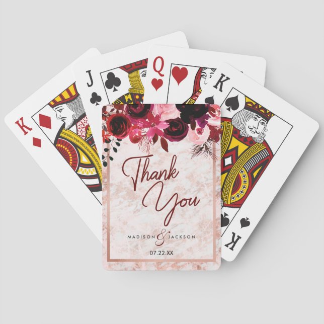 Burgundy Blommigt Ro Guld Marble Bröllop Tack Kortlek (Baksidan)