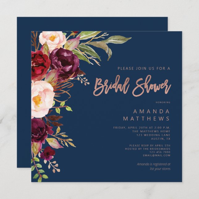 Burgundy Blommigt Ro Guld marinblå Möhippa Inbjudningar (Fram/baksida)