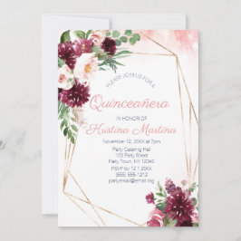 Burgundy Blommigt Ro Guld Quinceañera Birthday Inbjudningar