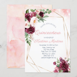 Burgundy Blommigt Ro Guld Quinceañera Birthday Inbjudningar