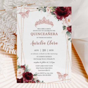 Burgundy  Blommigt Ro Guld Tiara Quinceañera Inbjudningar