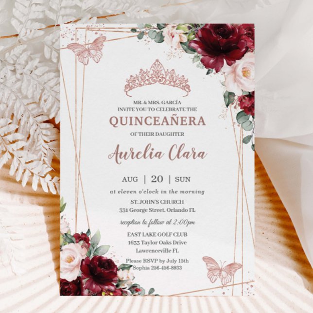 Burgundy  Blommigt Ro Guld Tiara Quinceañera Inbjudningar (Skapare uppladdad)