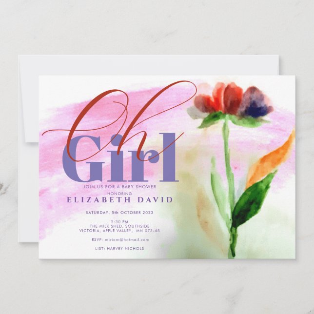 Burgundy Blommigt Rosa Abstrakt Flicka Shower Inbjudningar (Framsida)