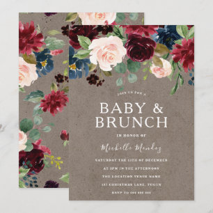Burgundy Blommigt Rustic Baby Shower Brunch Inbjudningar