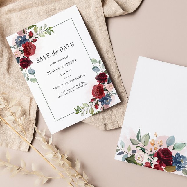 Burgundy Blommigt Rustic Spara datum Anteckningskort (Burgundy Floral Botanical Wedding Save the Date Announcement)