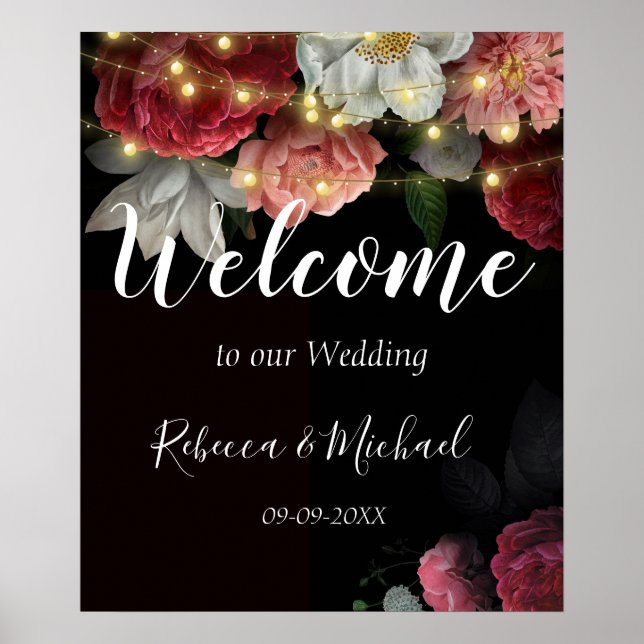 Burgundy Blommigt Rustic string ljus Poster (Framsidan)