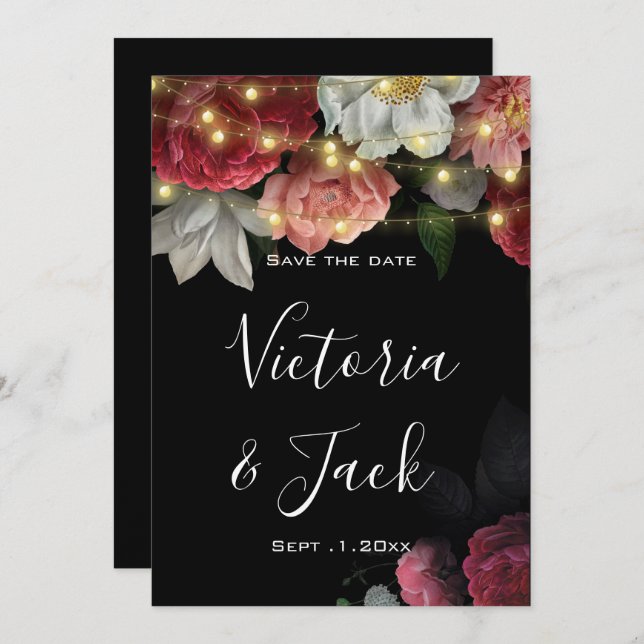 Burgundy Blommigt Rustic string sparar datumet Inbjudningar (Fram/baksida)