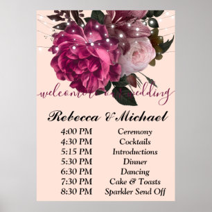 Burgundy Blommigt Rustic stringOrder of Events Poster