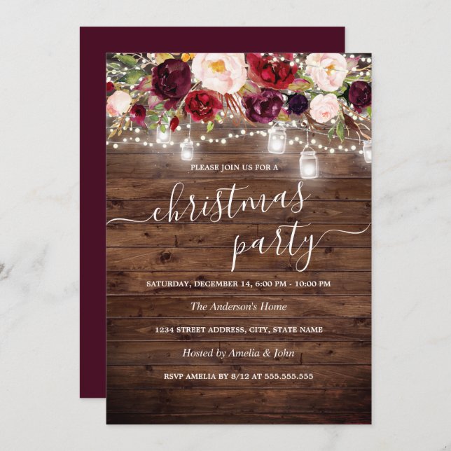 Burgundy Blommigt Rustic Wood jul Party Inbjudan (Fram/baksida)