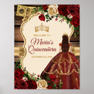 Burgundy Blommigt Rustic Wood Mis Quince Välkommen Poster