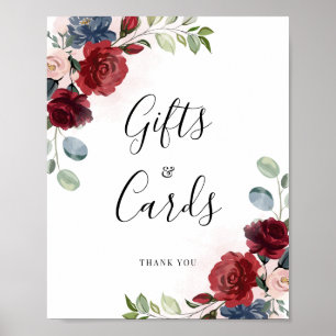 Burgundy Blommigt Script Dusty Blue Gifts and Card Poster
