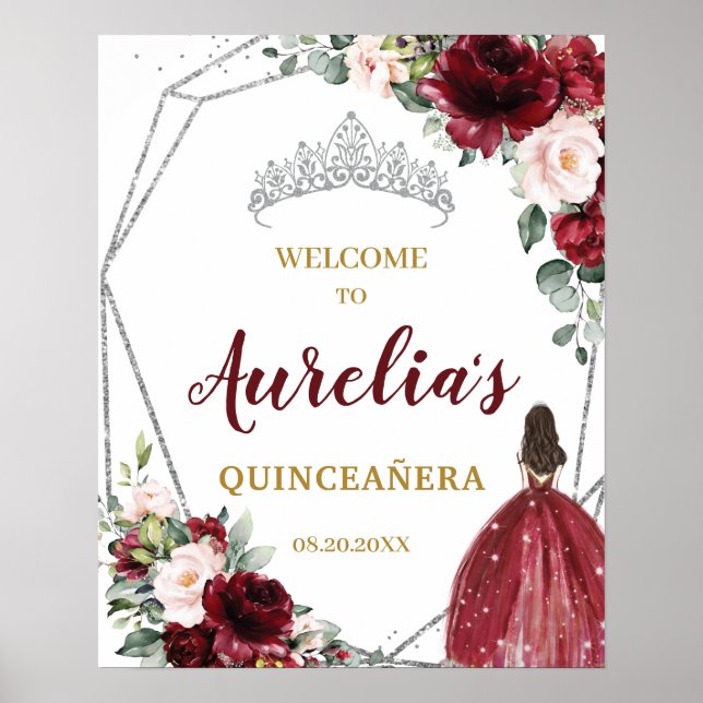 Burgundy  Blommigt Silver Quinceañera Välkommen Poster (Framsidan)